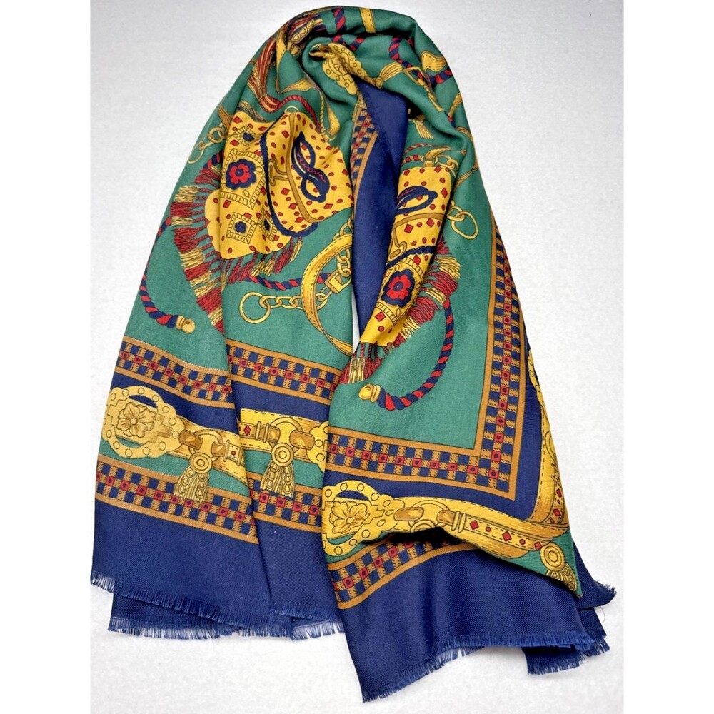 Equestrian Carriage Tassel Scarf Blue Gold Red Large 47x47 Square Vintage - Picture 5 of 7